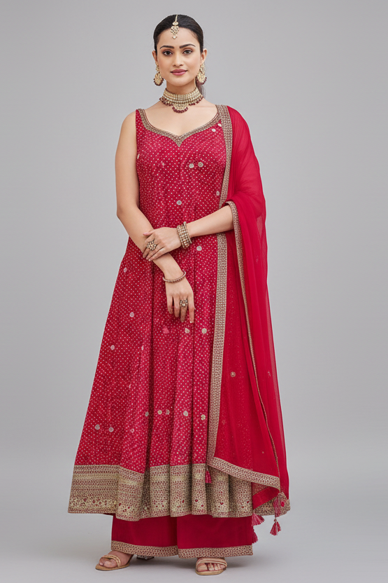 Pink and Red Georgette Bandhej Printed Anarkali Palazzo Suit - red georgette saree bandhej