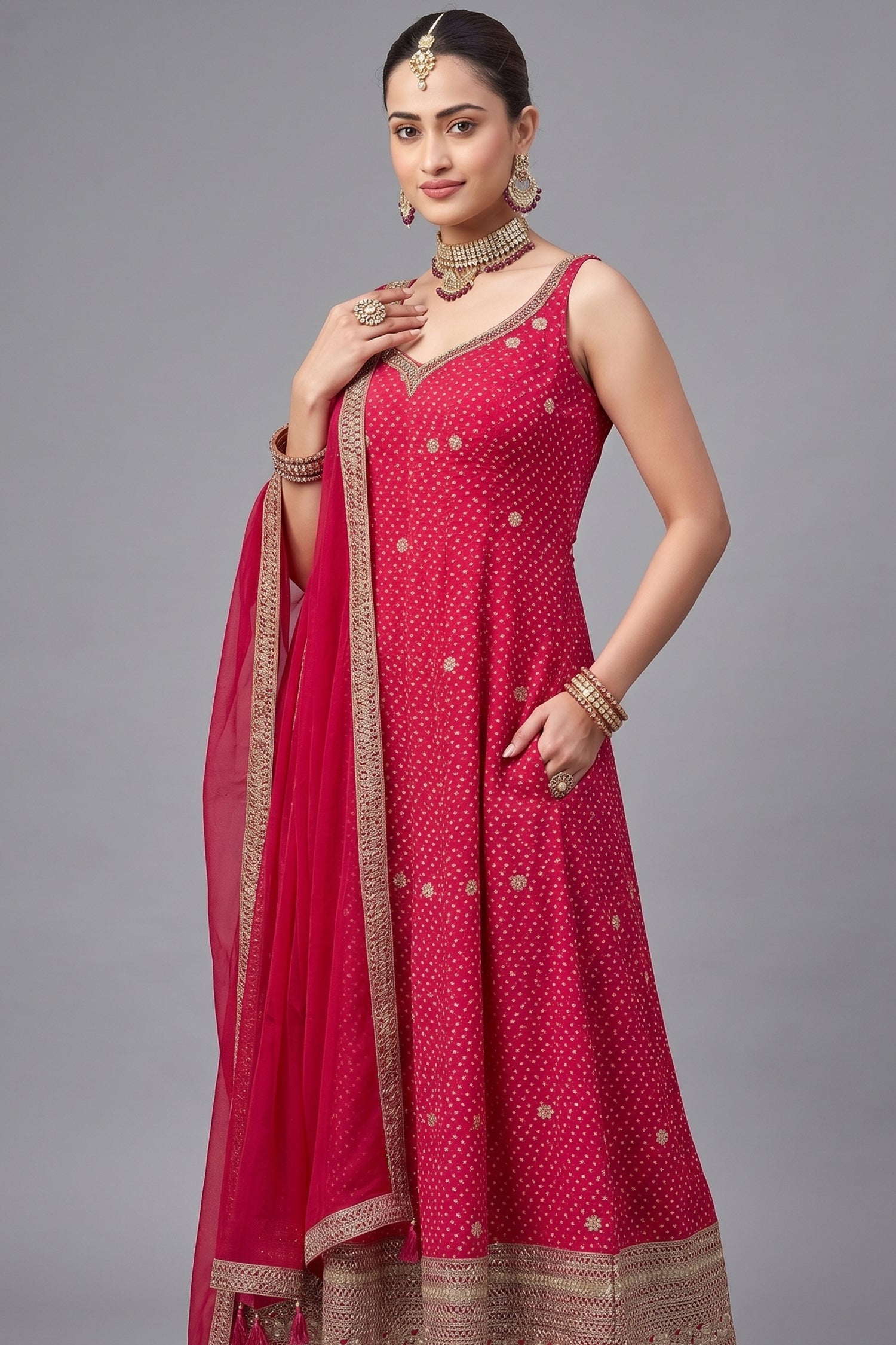 Pink and Red Georgette Bandhej Printed Anarkali Palazzo Suit Secondary image