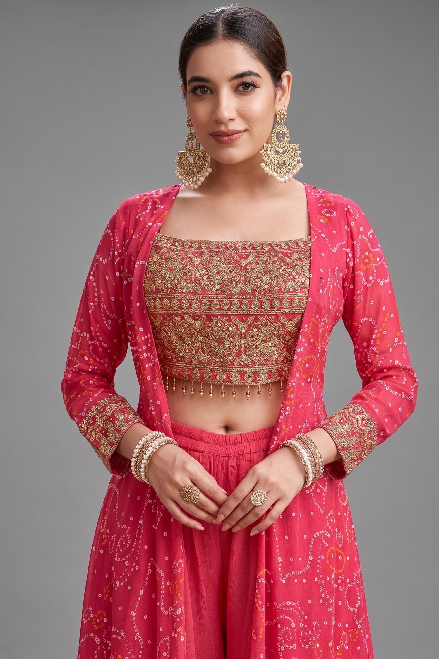 Pink Chinon Georgette Mirror Embroidered Crop Top Palazzo with Bandhej Jacket - red georgette saree bandhej