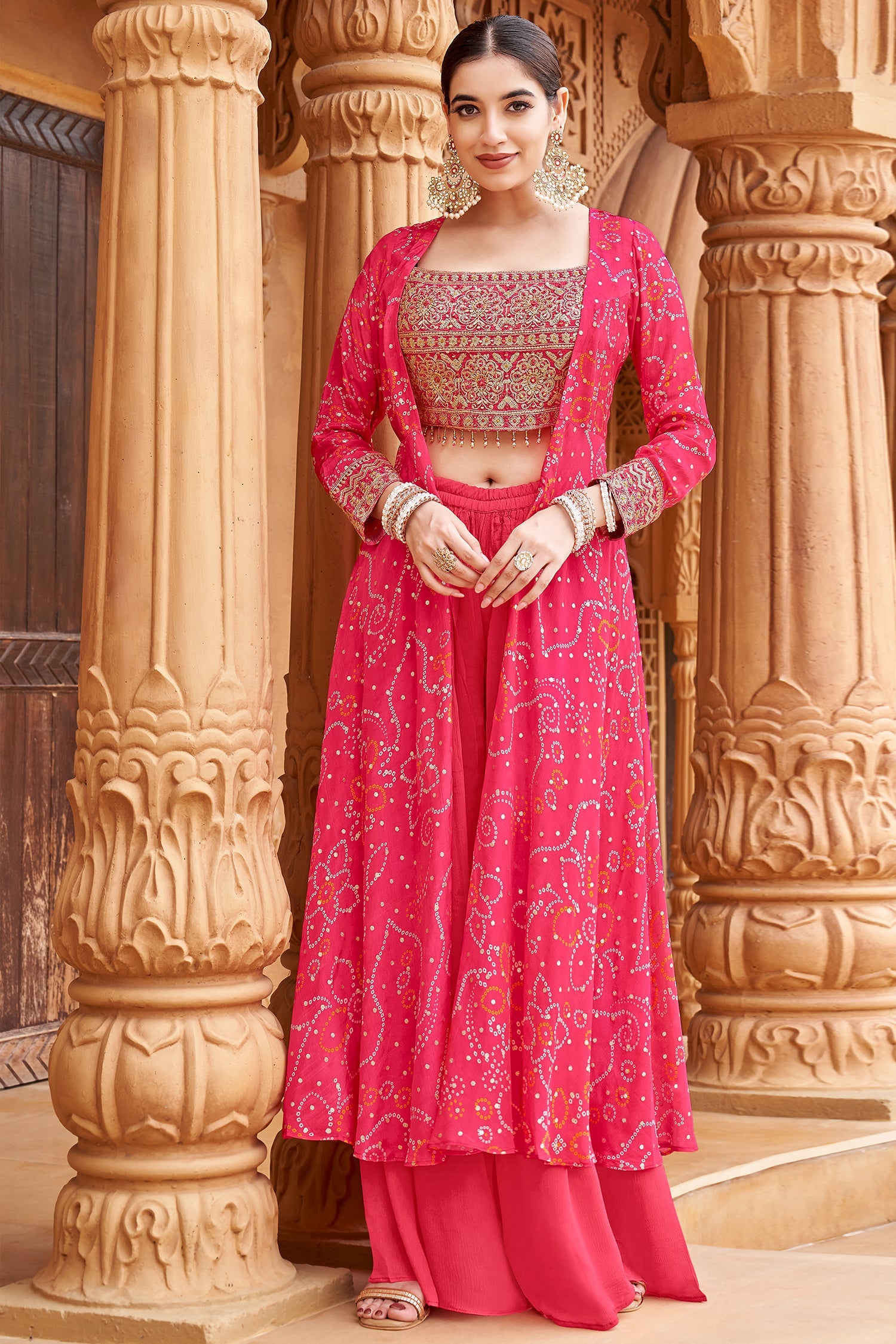 Pink Chinon Georgette Mirror Embroidered Crop Top Palazzo with Bandhej Jacket - red georgette saree bandhej