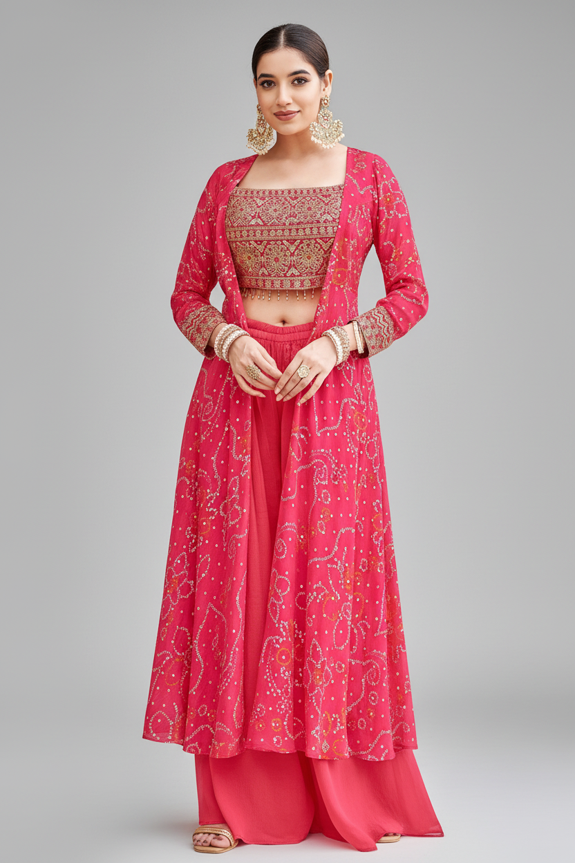 Pink Chinon Georgette Mirror Embroidered Crop Top Palazzo with Bandhej Jacket - red georgette saree bandhej