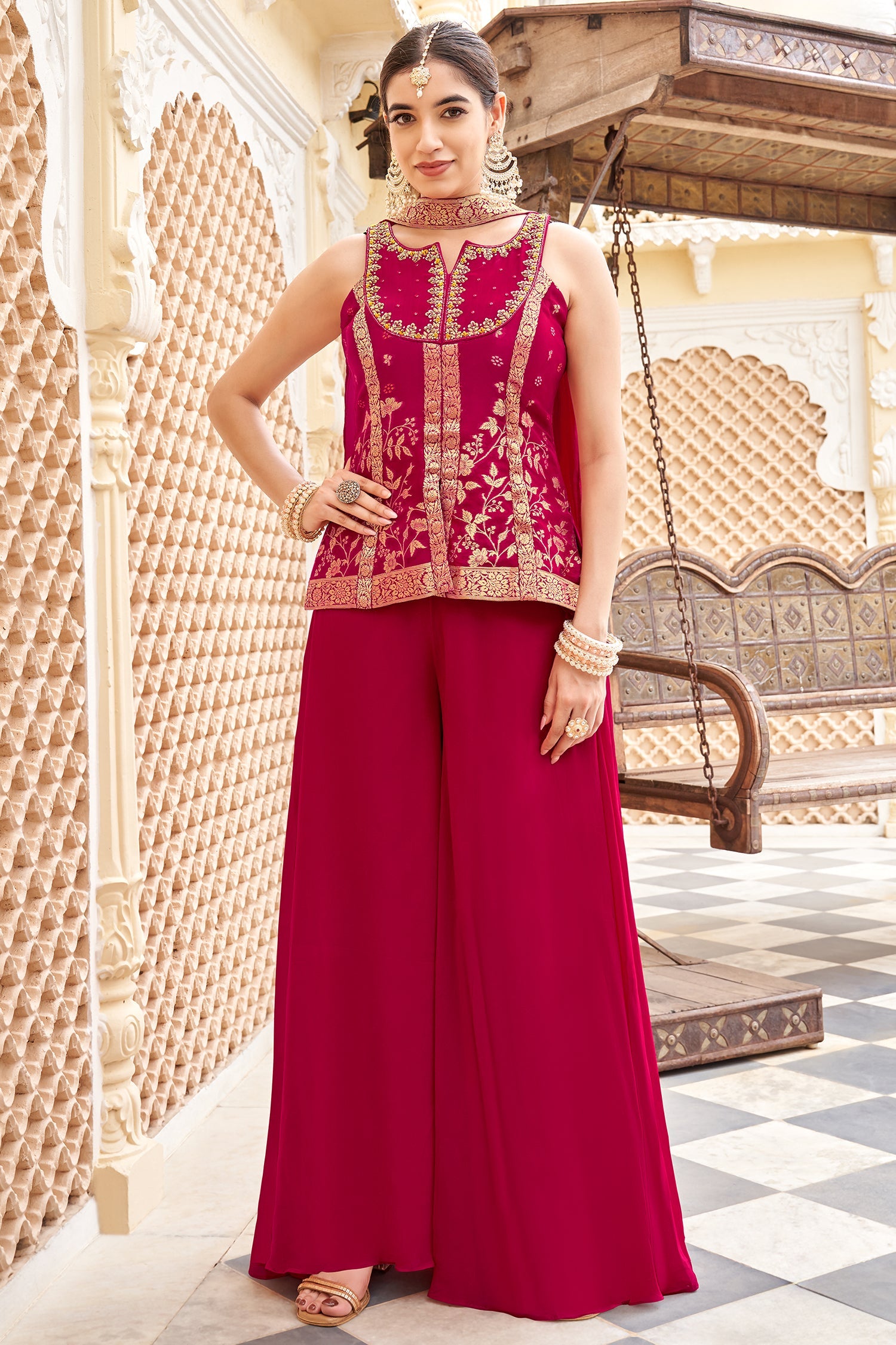 Pink Georgette Woven Palazzo Suit - pink georgette saree