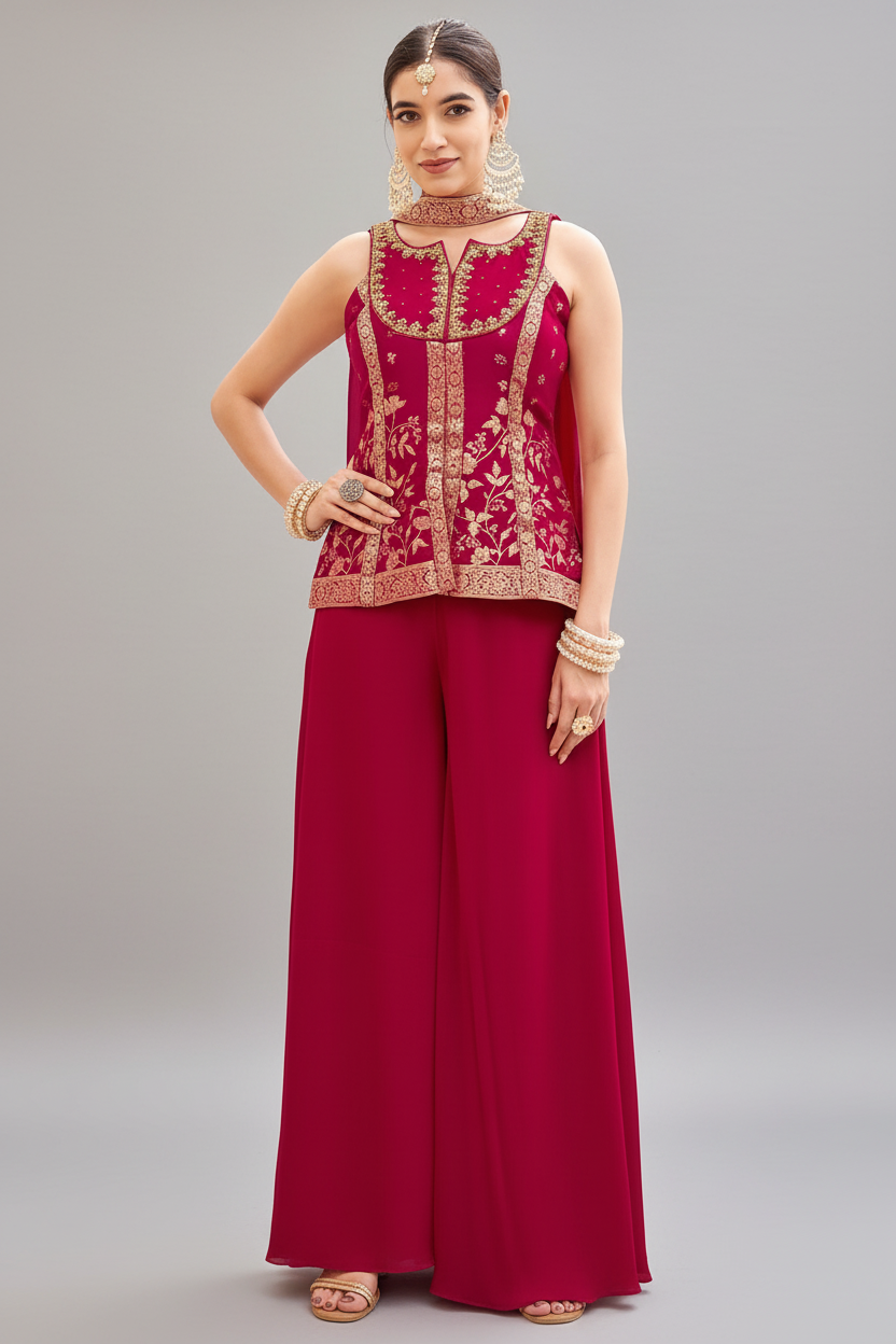 Pink Georgette Woven Palazzo Suit - pink georgette saree