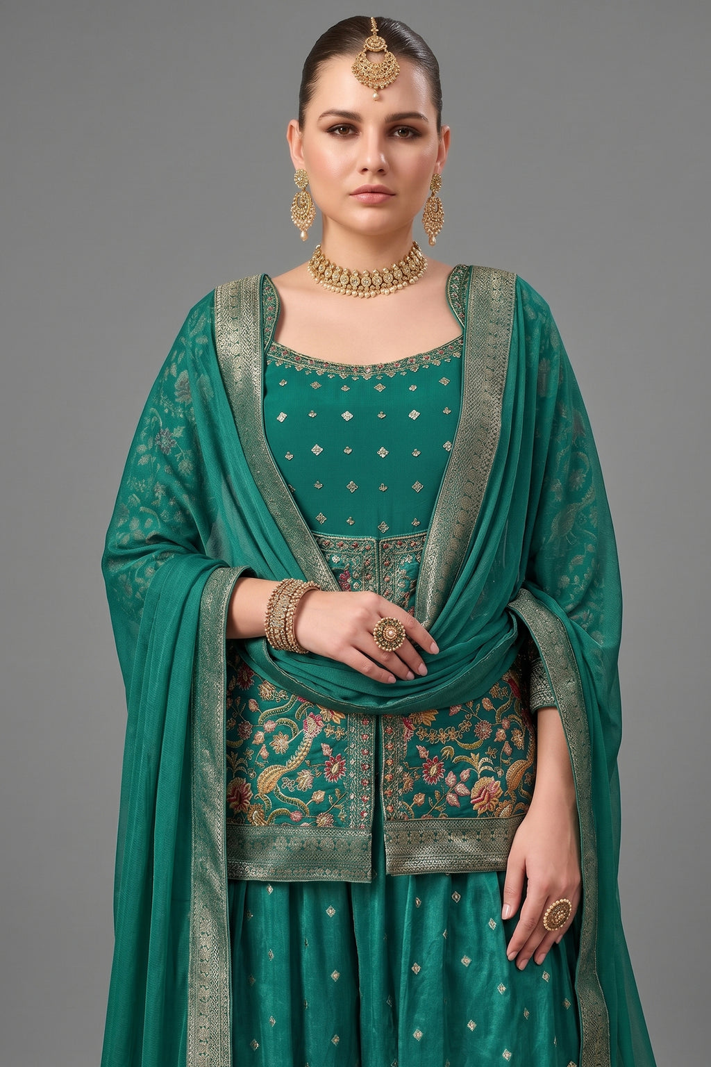 Pine Green Chinon Georgette Floral Woven Palazzo Suit - green georgette saree
