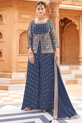 Grey Chinon Georgette Floral Woven Palazzo Suit