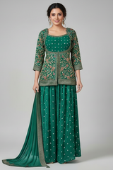Pine Green Chinon Georgette Floral Woven Palazzo Suit - green georgette saree