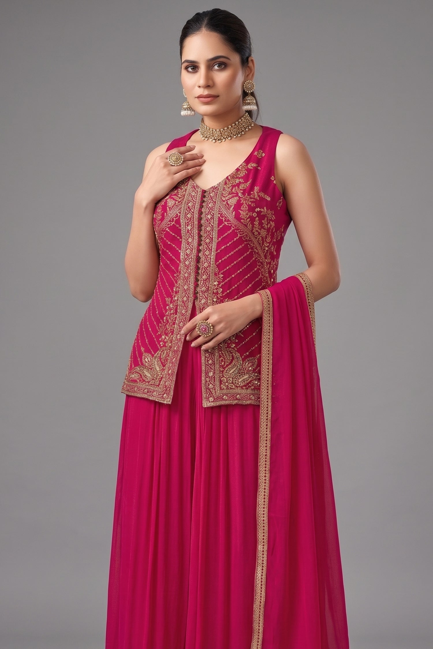 Pink Art Silk Woven Palazzo Suit with Sequin Cutdana Work - pink silk saree