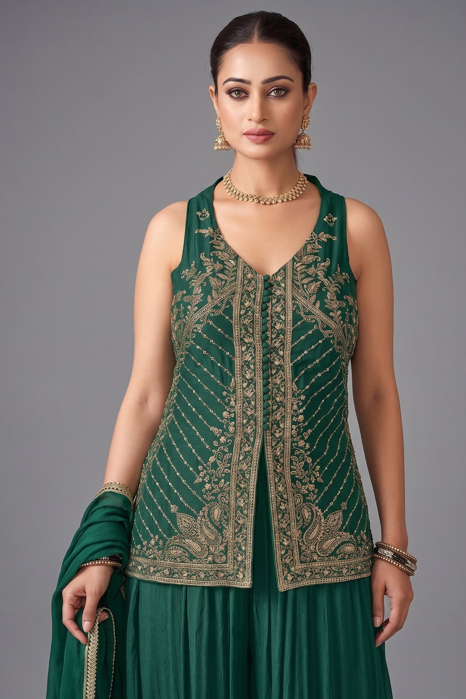 Bottle Green Art Silk Woven Palazzo Suit with Sequin Cutdana Work Secondary image