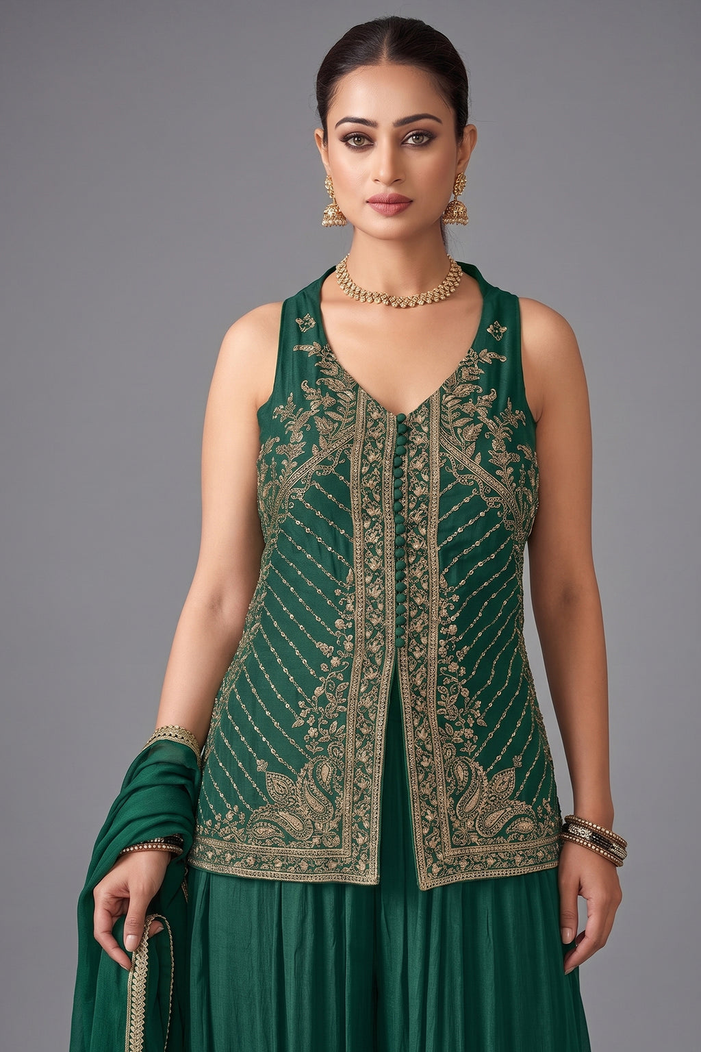 Bottle Green Art Silk Woven Palazzo Suit with Sequin Cutdana Work - green silk saree