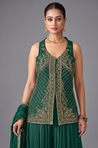 Bottle Green Art Silk Woven Palazzo Suit with Sequin Cutdana Work - green silk saree