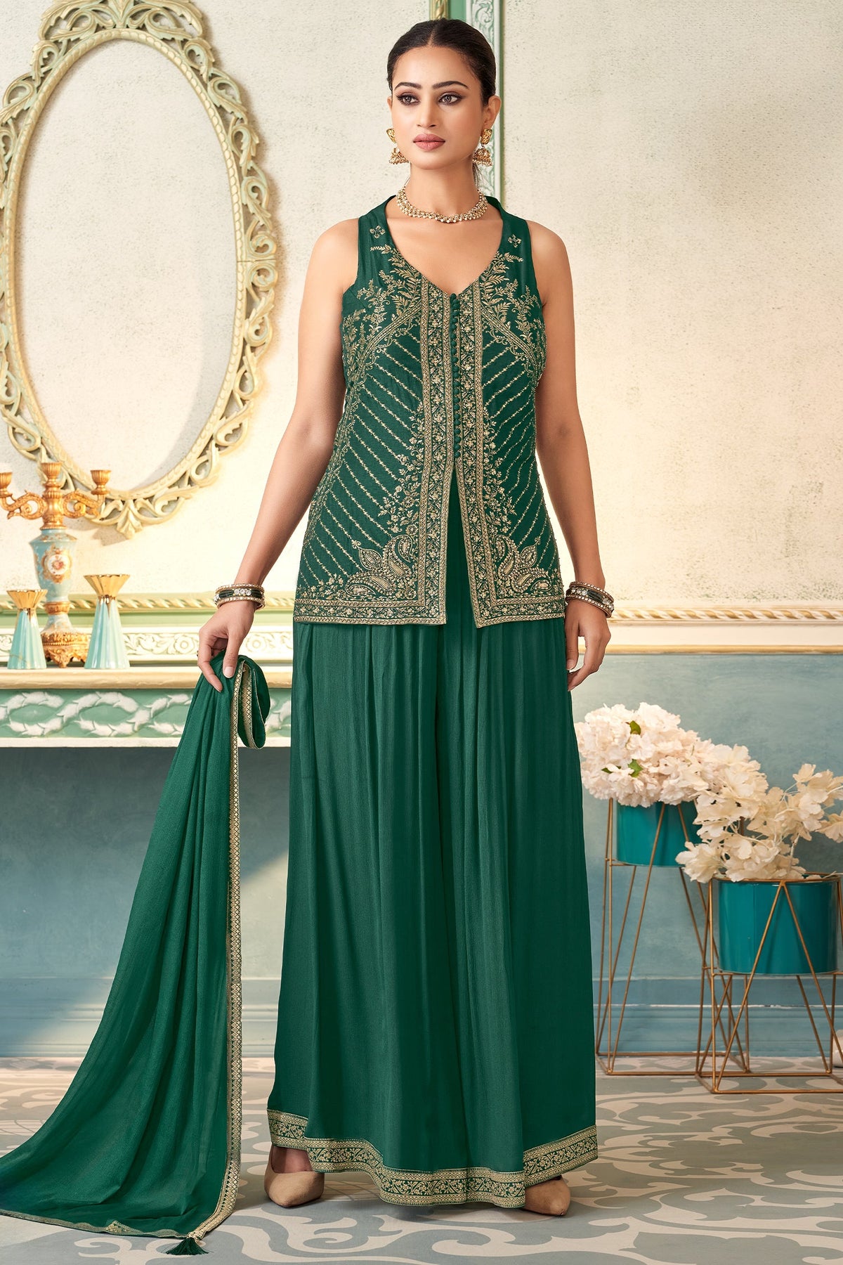Bottle Green Art Silk Woven Palazzo Suit with Sequin Cutdana Work