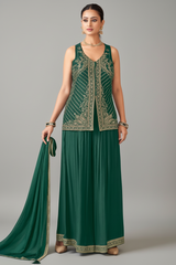 Bottle Green Art Silk Woven Palazzo Suit with Sequin Cutdana Work