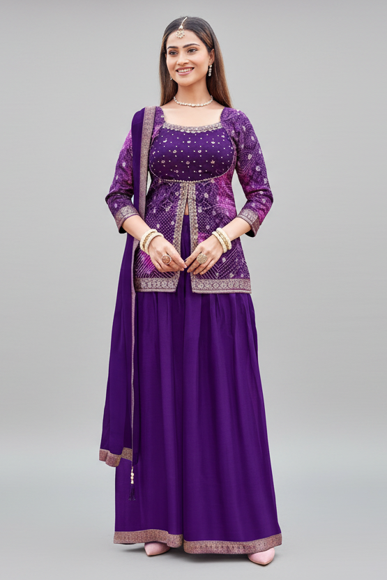 Purple Printed Slit Cut Palazzo Suit - purple saree Main image