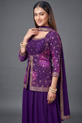 Purple Printed Slit Cut Palazzo Suit