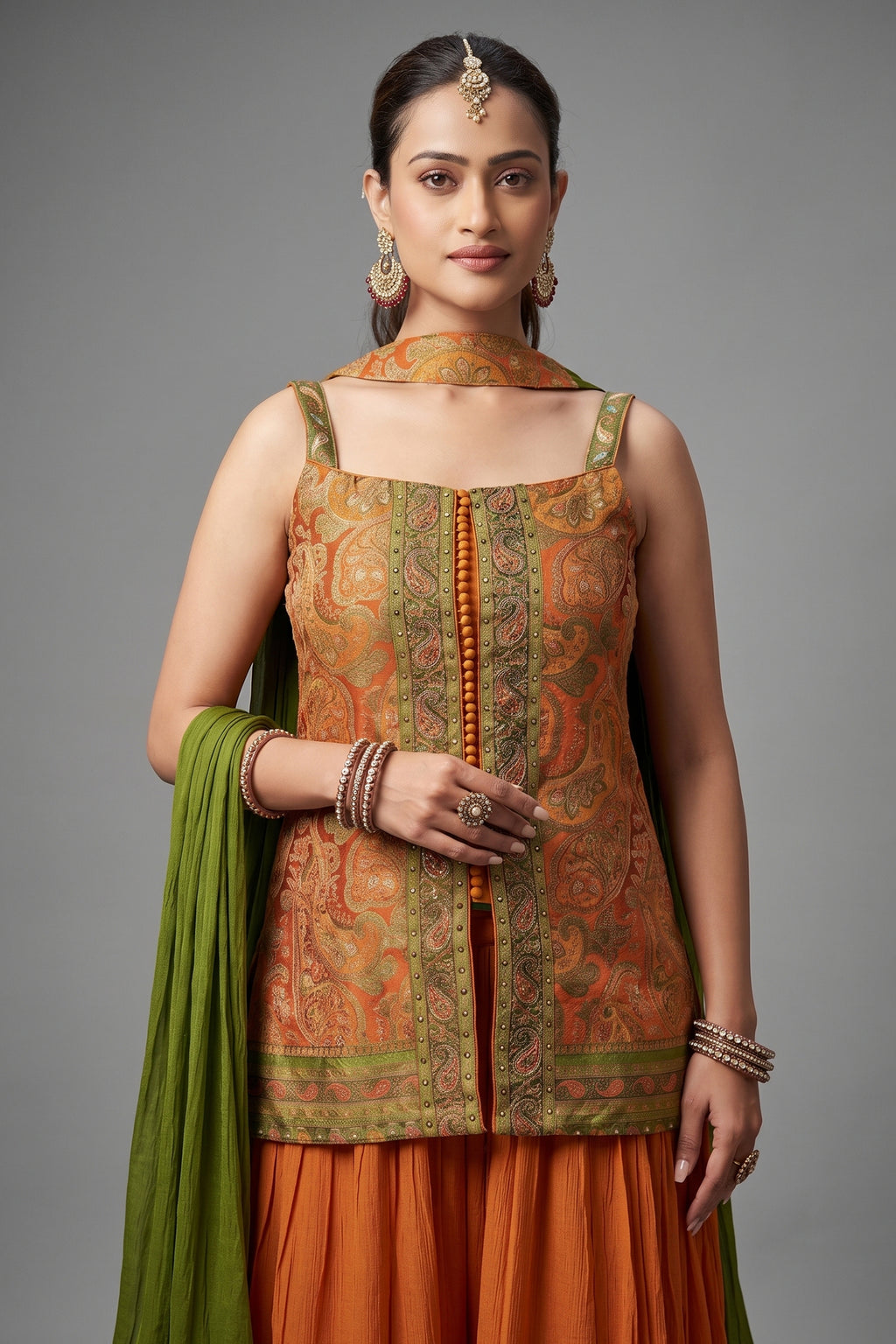 Orange Chinon Woven Palazzo Suit - orange saree