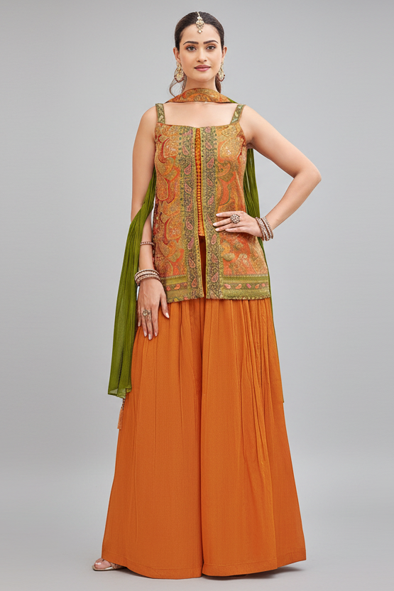 Orange Chinon Woven Palazzo Suit - orange saree