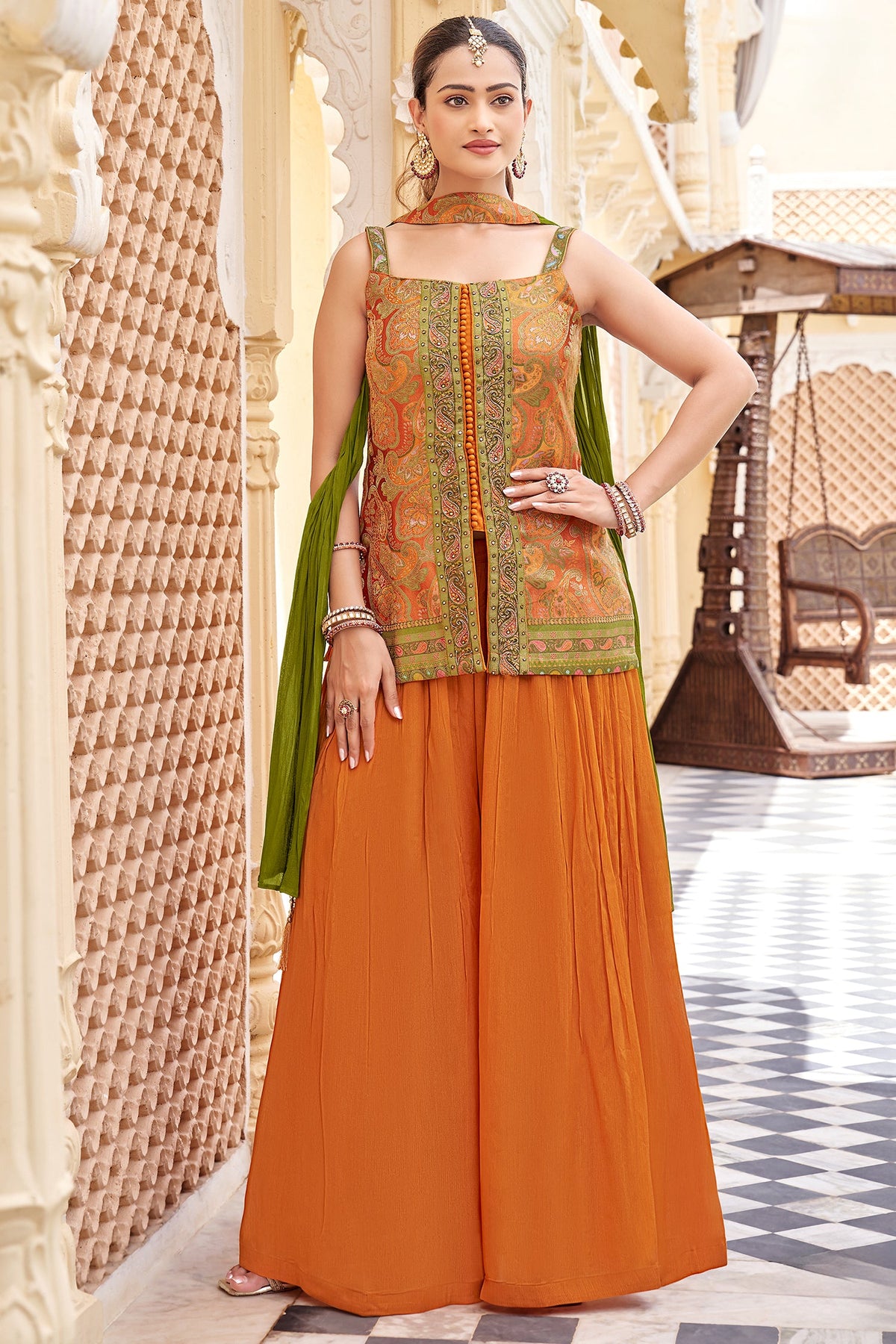 Orange Chinon Woven Palazzo Suit