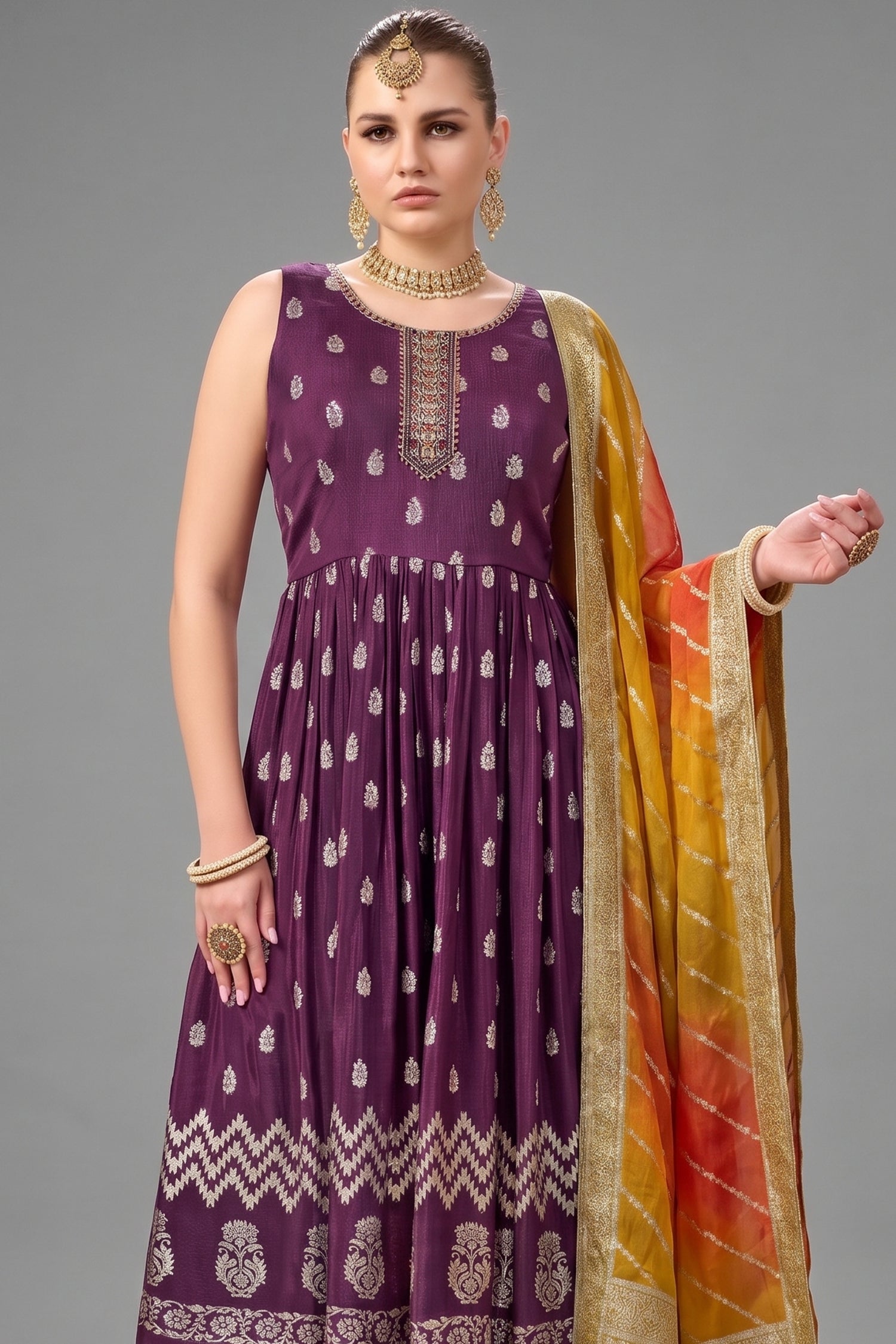Wine Purple Chinon Woven Anarkali Palazzo Suit Secondary image