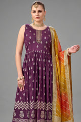 Wine Purple Chinon Woven Anarkali Palazzo Suit