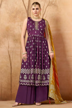Wine Purple Chinon Woven Anarkali Palazzo Suit - purple saree
