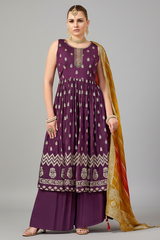 Wine Purple Chinon Woven Anarkali Palazzo Suit