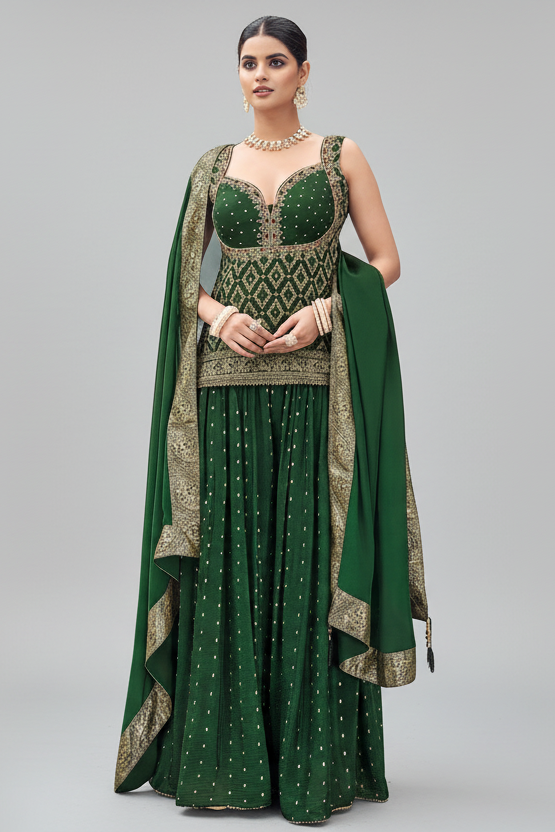 Green Chinon Art Silk Woven Palazzo Suit - green silk saree