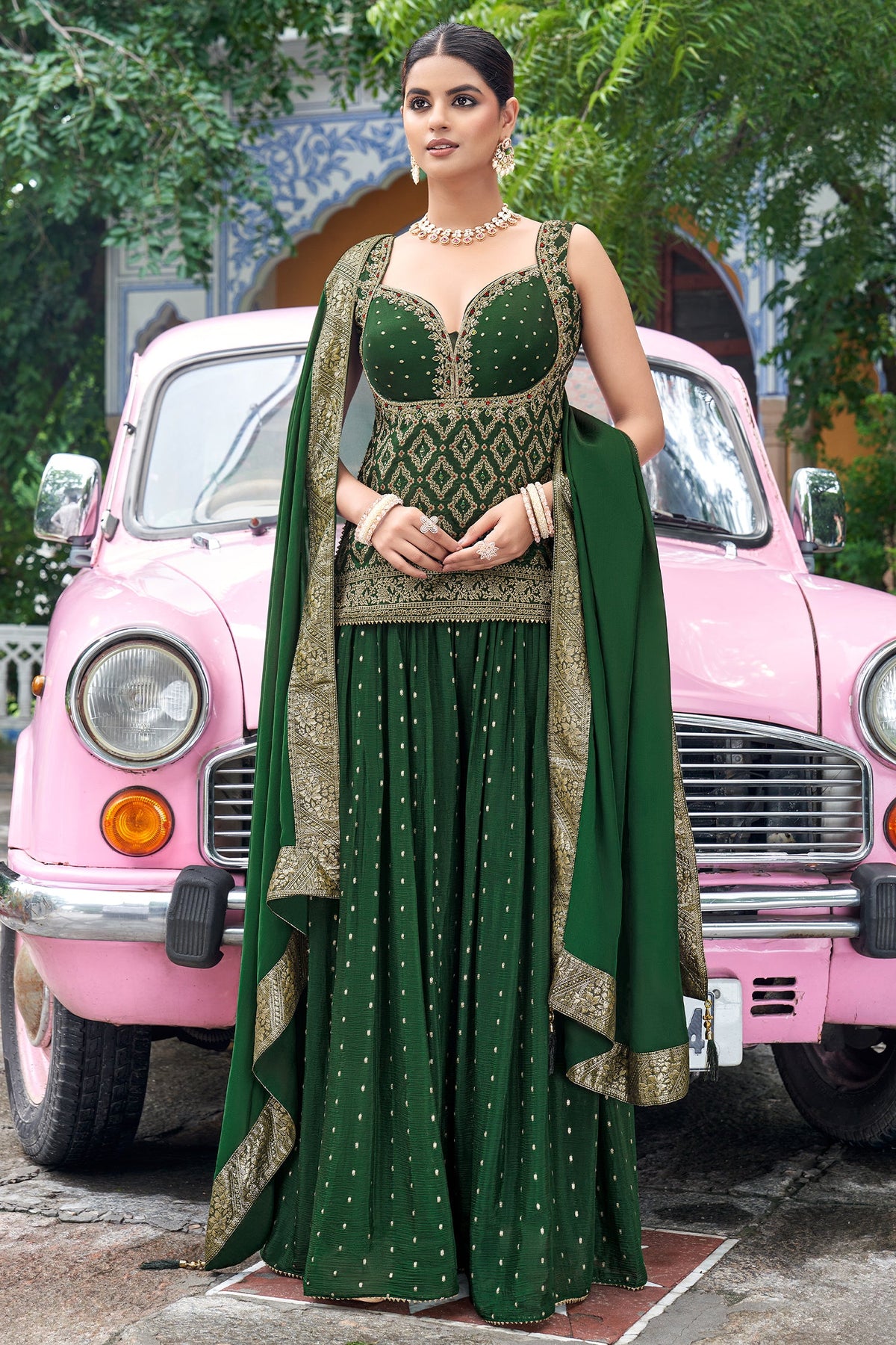 Green Chinon Art Silk Woven Palazzo Suit