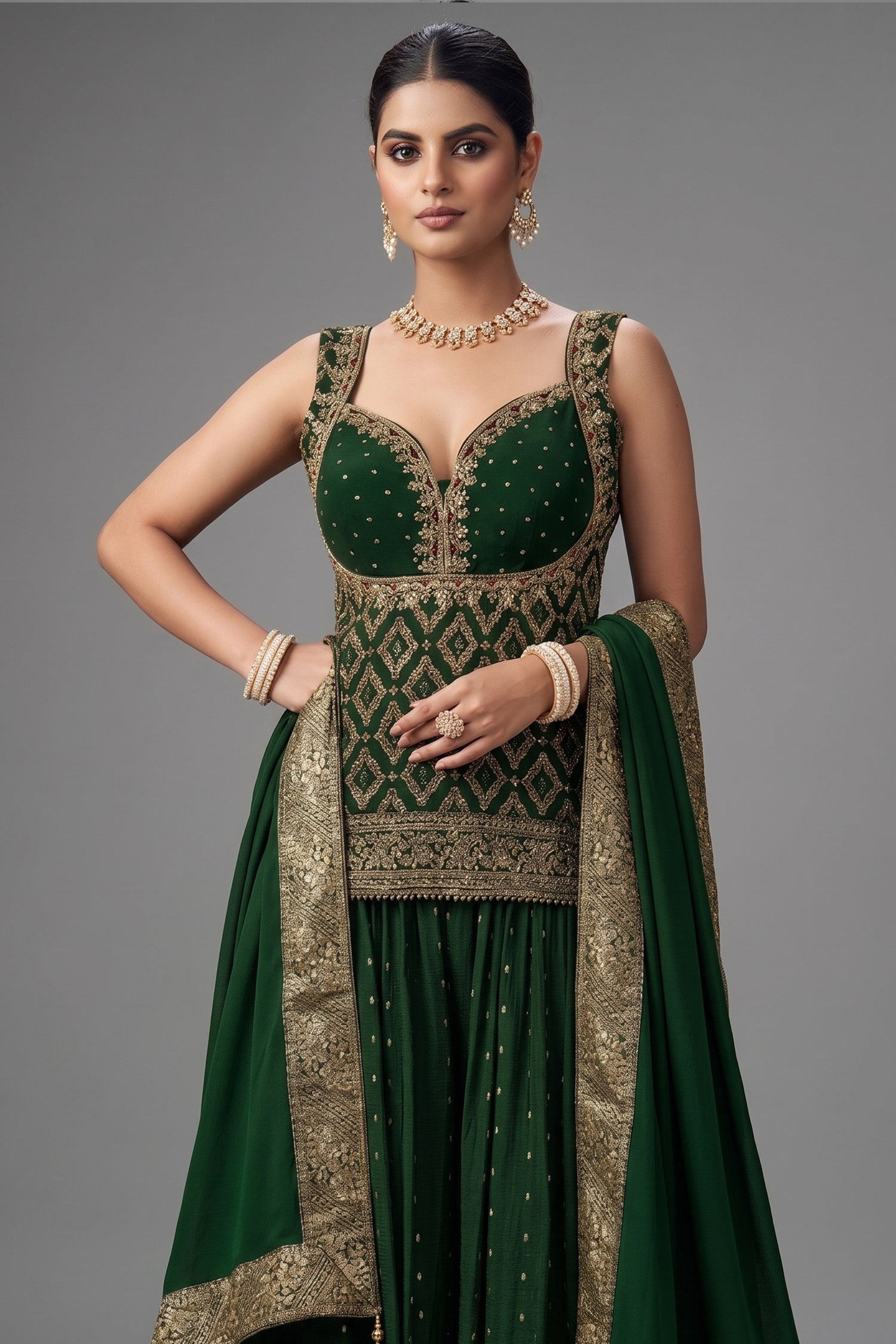Green Chinon Art Silk Woven Palazzo Suit - green silk saree