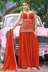Orange Chinon Art Silk Woven Palazzo Suit