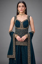 Blue Chinon Art Silk Woven Palazzo Suit - blue silk saree