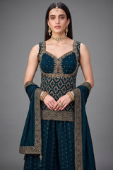 Blue Chinon Art Silk Woven Palazzo Suit