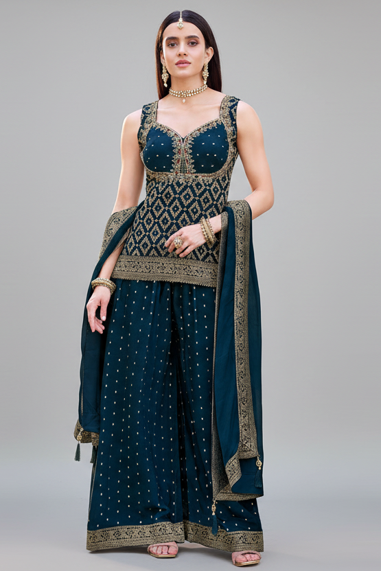 Blue Chinon Art Silk Woven Palazzo Suit - blue silk saree