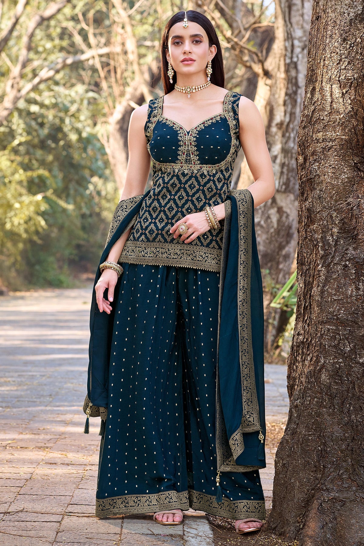 Blue Chinon Art Silk Woven Palazzo Suit
