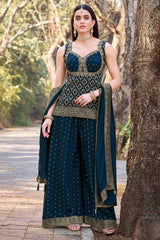Blue Chinon Art Silk Woven Palazzo Suit