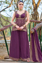Orchid Purple Chinon Art Silk Woven Palazzo Suit - purple silk saree