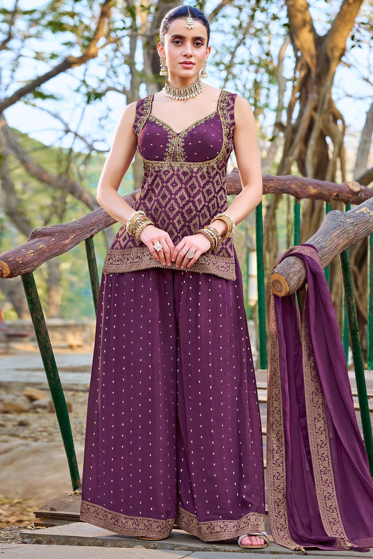 Orchid Purple Chinon Art Silk Woven Palazzo Suit