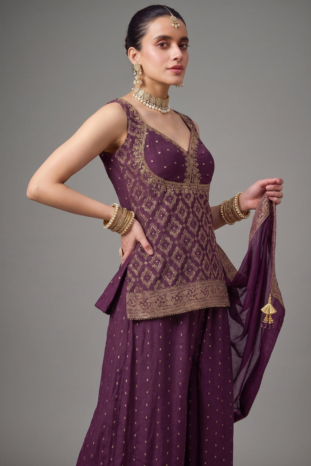 Orchid Purple Chinon Art Silk Woven Palazzo Suit - purple silk saree