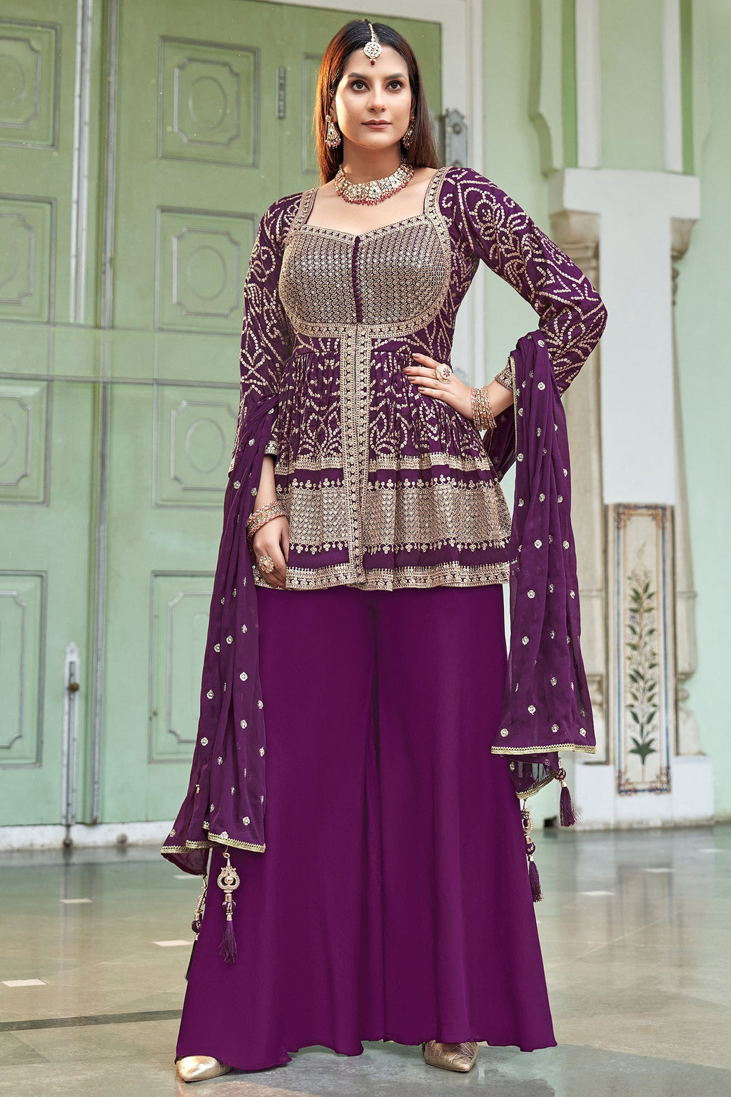 Wine Purple Art Silk Sequin Embroidered Peplum Style Palazzo Suit - red silk saree embroidered