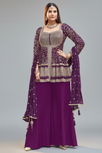 Wine Purple Art Silk Sequin Embroidered Peplum Style Palazzo Suit - red silk saree embroidered