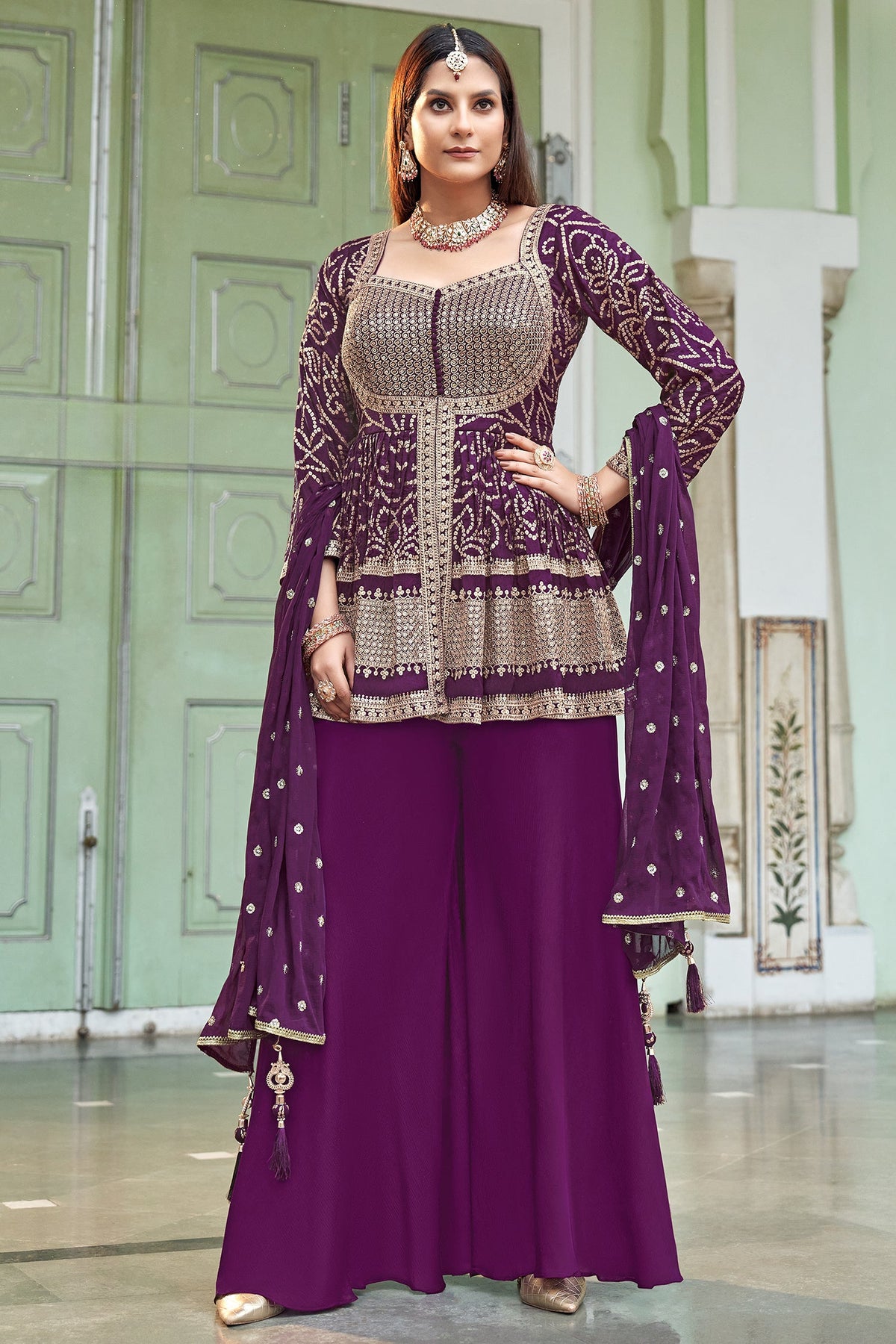 Wine Purple Art Silk Sequin Embroidered Peplum Style Palazzo Suit - red silk saree embroidered