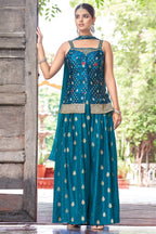 Blue Art Silk Woven Palazzo Suit - blue silk saree