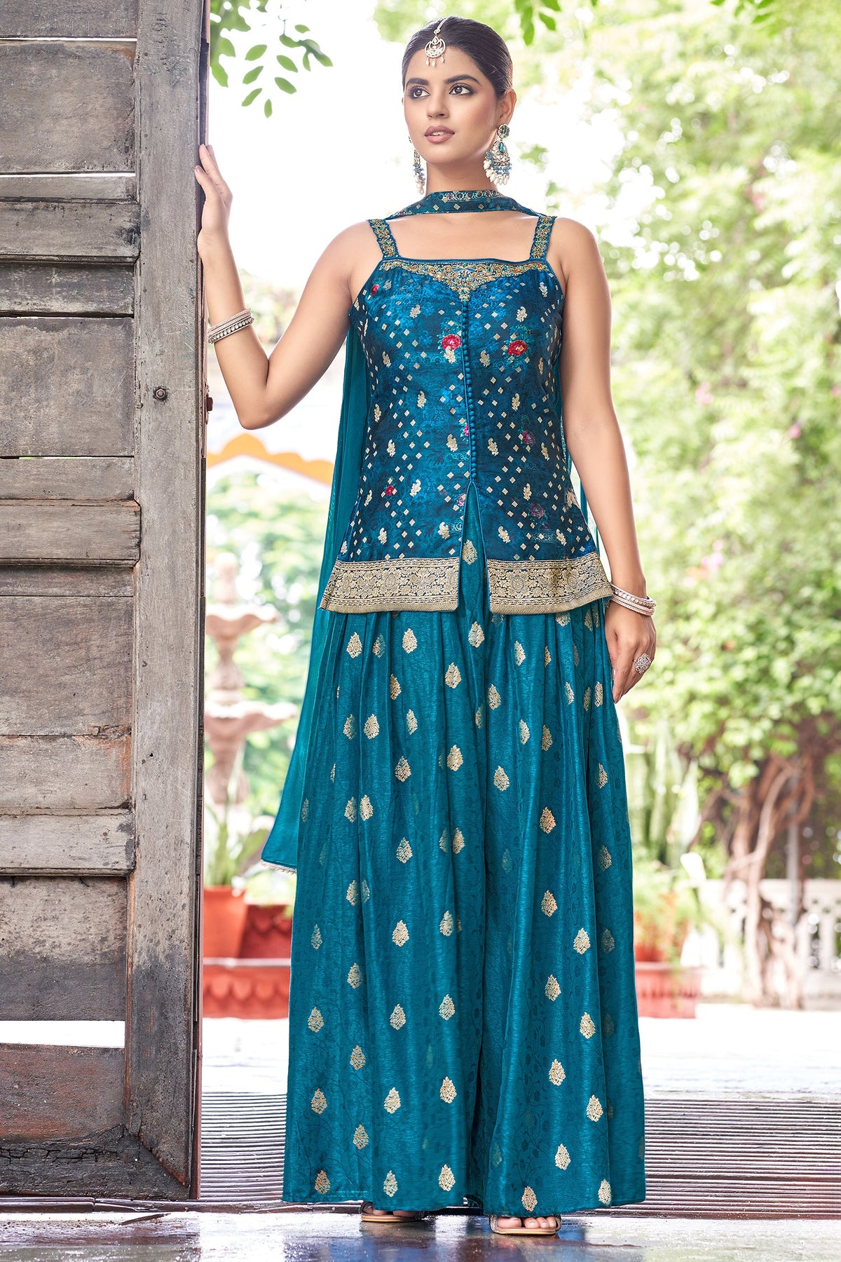 Blue Art Silk Woven Palazzo Suit