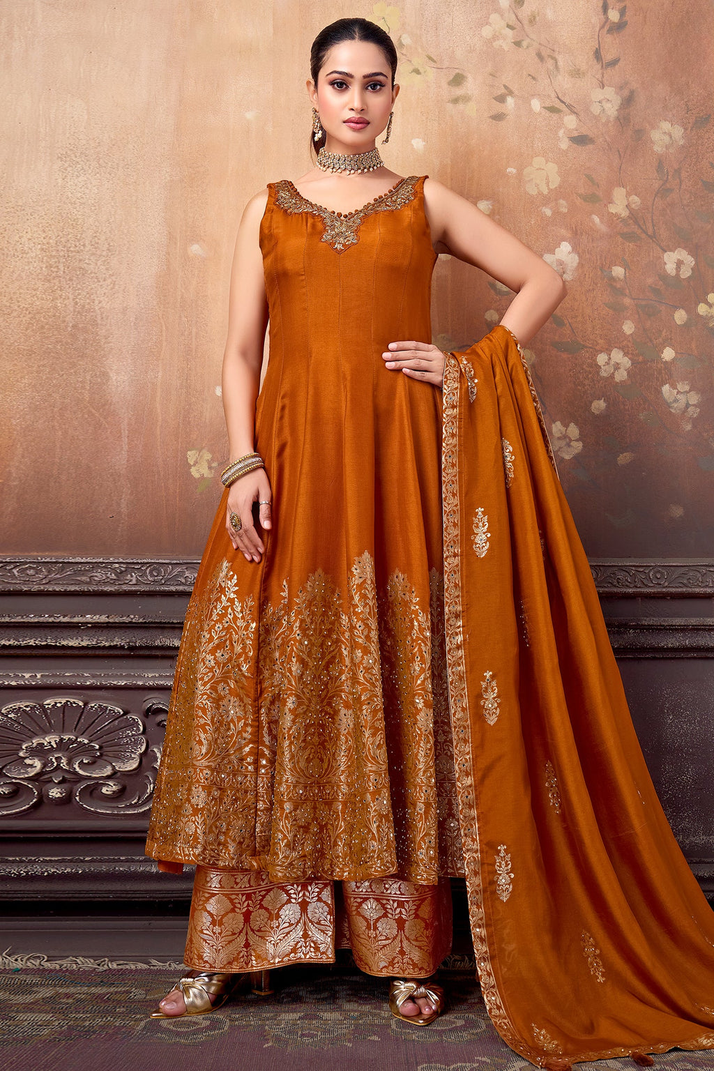Orange Art Silk Floral Woven Anarkali Palazzo Suit