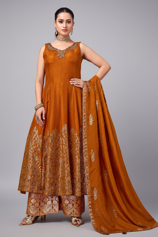 Orange Art Silk Floral Woven Anarkali Palazzo Suit
