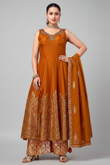 Orange Art Silk Floral Woven Anarkali Palazzo Suit