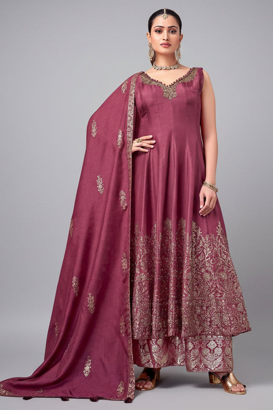Magenta Haze Art Silk Floral Woven Anarkali Palazzo Suit