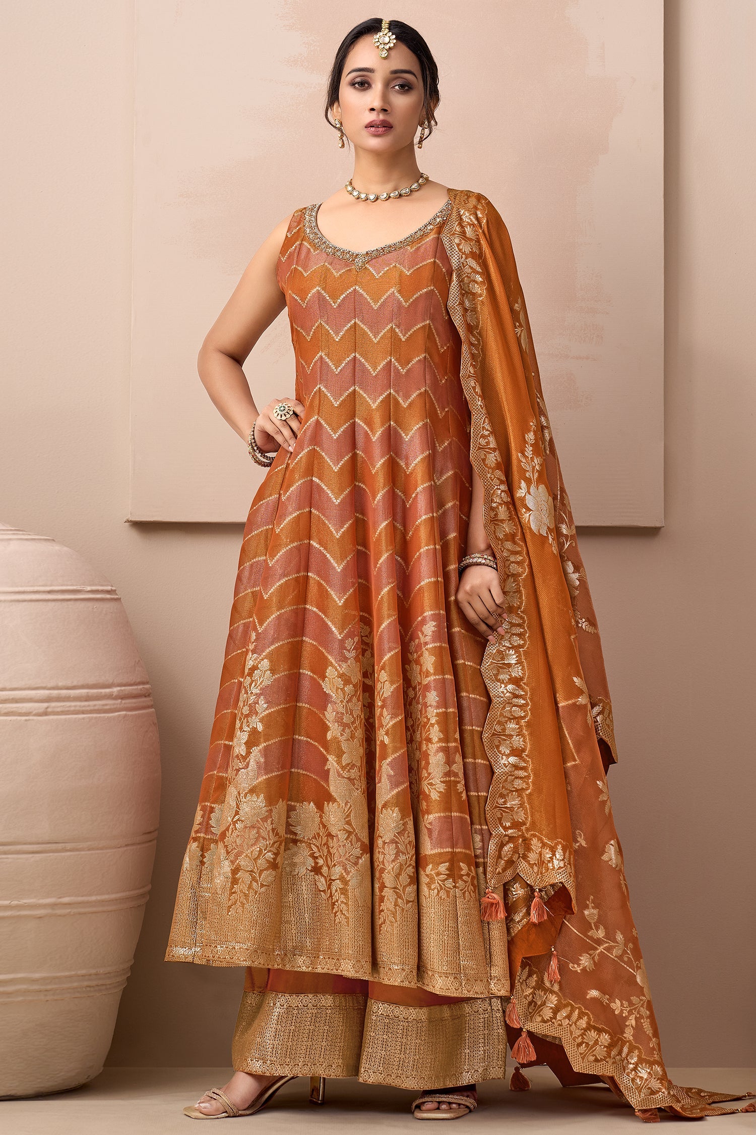 Orange Tissue Floral Woven Anakrali Palazzo Suit - orange saree