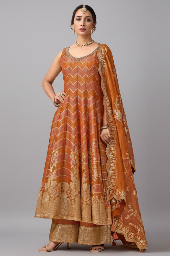 Orange Tissue Floral Woven Anakrali Palazzo Suit - orange saree Main image