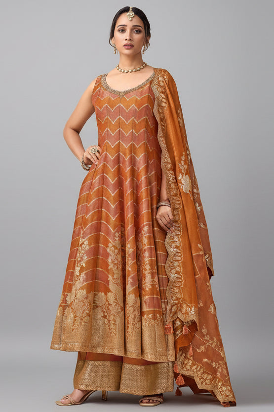 Orange Tissue Floral Woven Anakrali Palazzo Suit