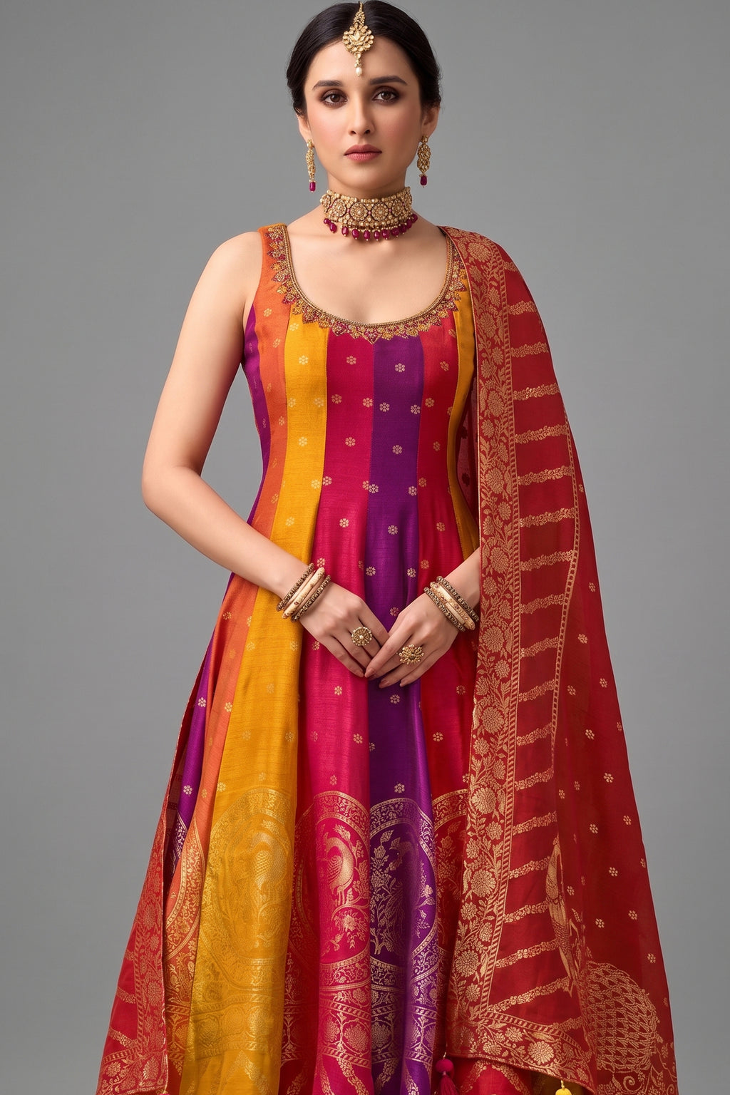 Multi Colored Art Silk Woven Anarkali Palazzo Suit - red silk saree